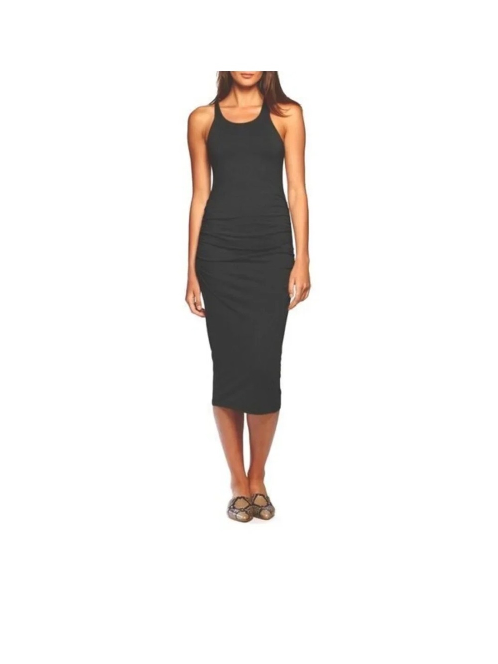 Michael Stars Racerback Midi Dress Womens Ruched Bodycon Charcoal Gray MP